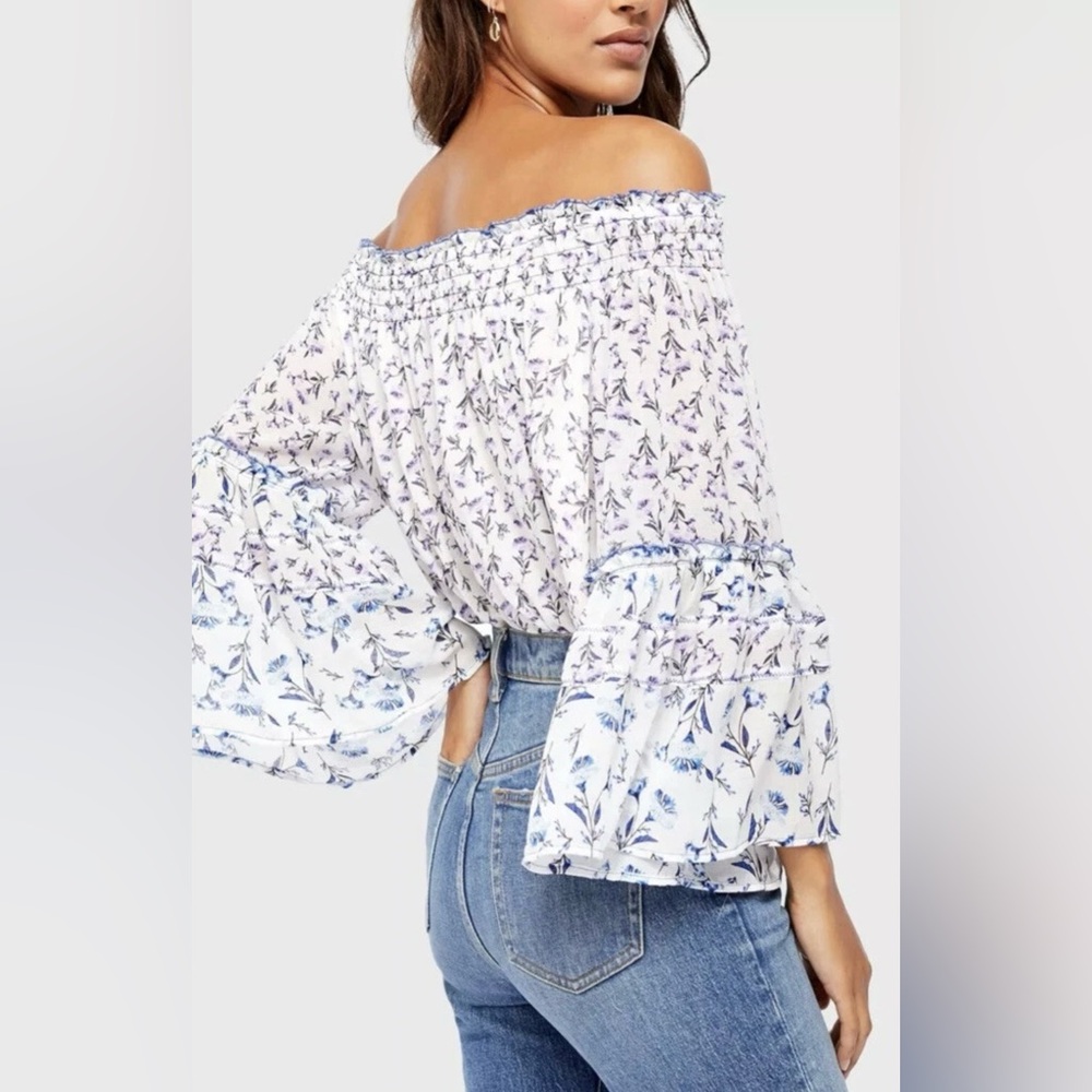 Free People Off-the-Shoulder Floral Peasant Boho Blouse in White and Lavender